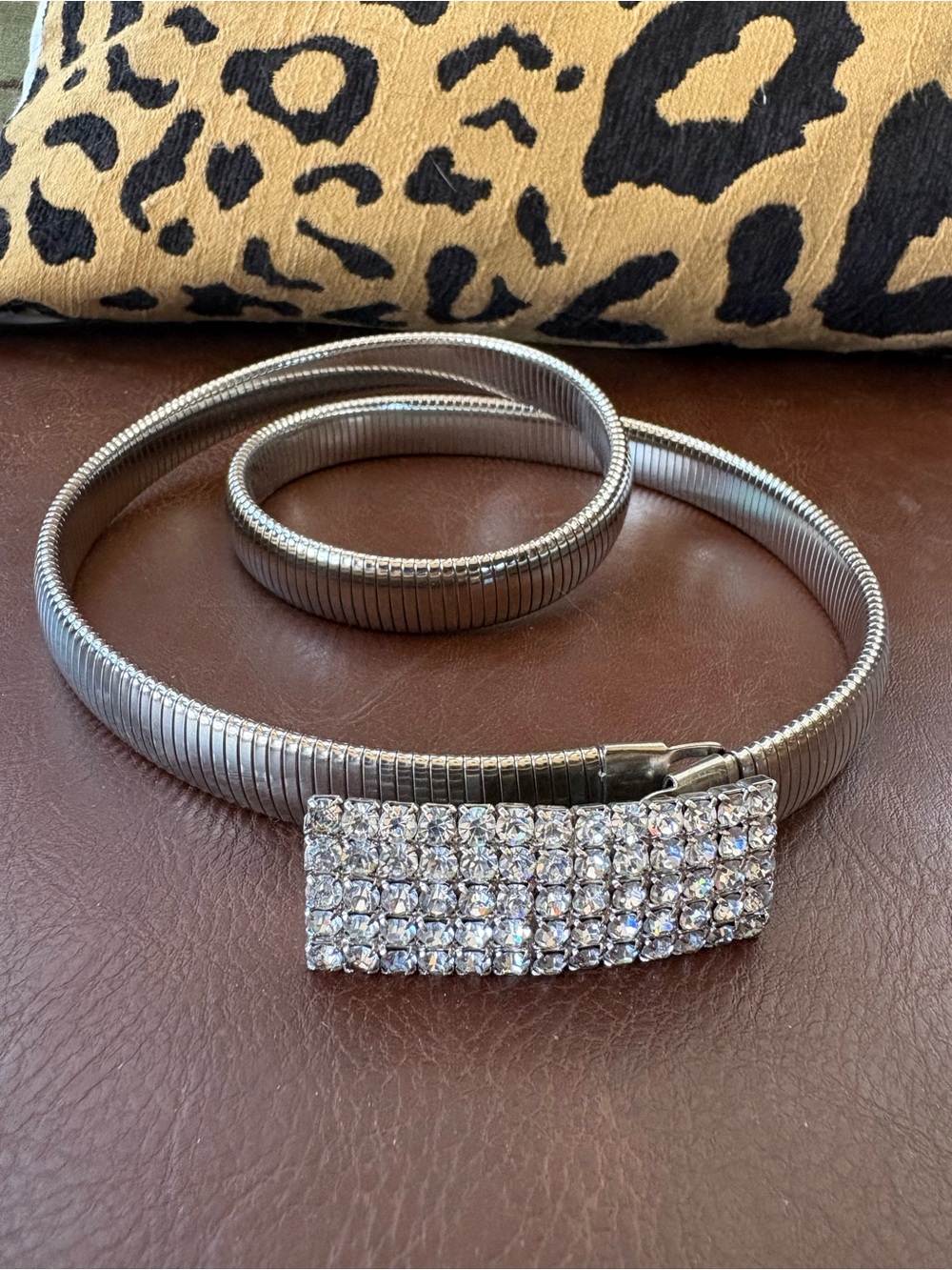 Silver Crystal Rectangular Buckle Stretch Vintage 80's Coil Belt